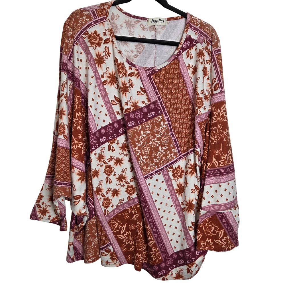 Boho Floral Patchwork Tunic Top 3/4 Bell Sleeve Haptics by Holly Harper Plus 4X‎